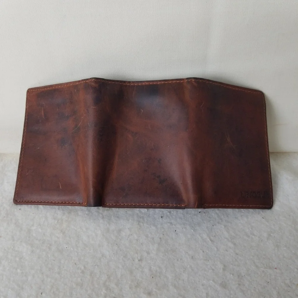 Genuine Leather Tri Fold Wallet Brown Bifold Credit Card Holder‎ RFID lock NWOT